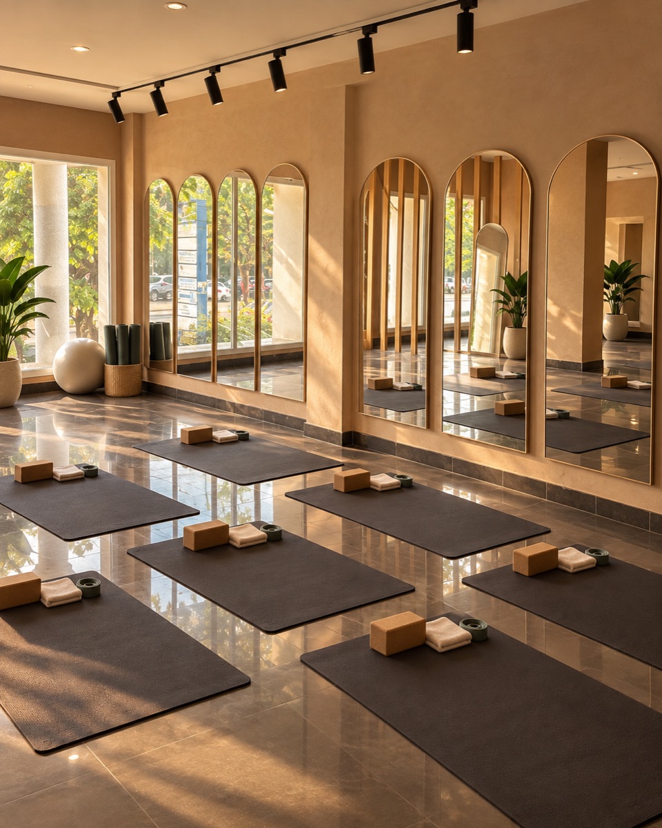 Studio de Mat Pilates Core House Dakar, miroirs en arche et tapis